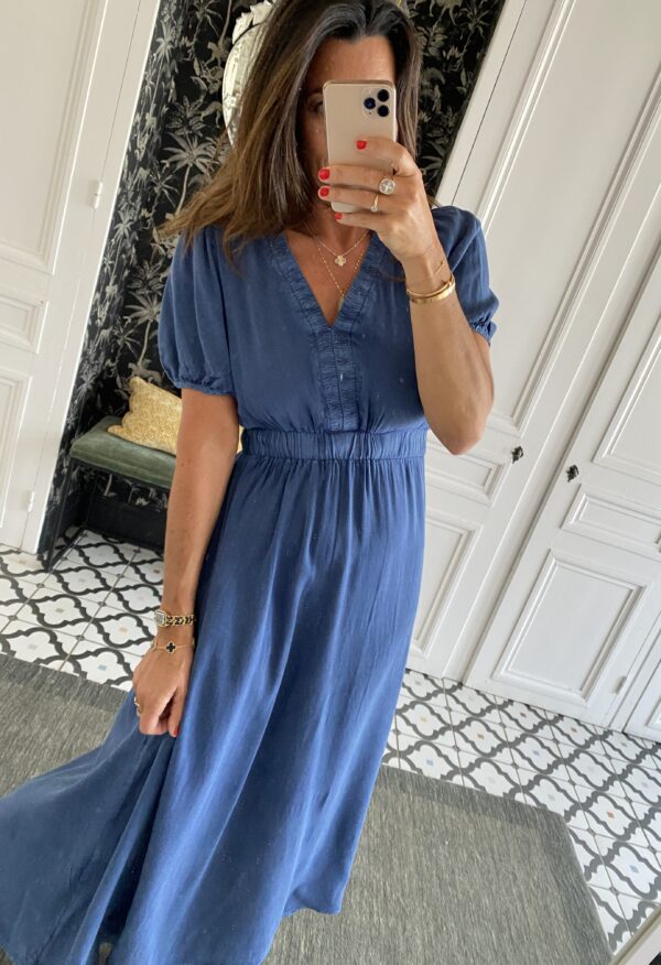 robe rayée col volant frou frou bleu