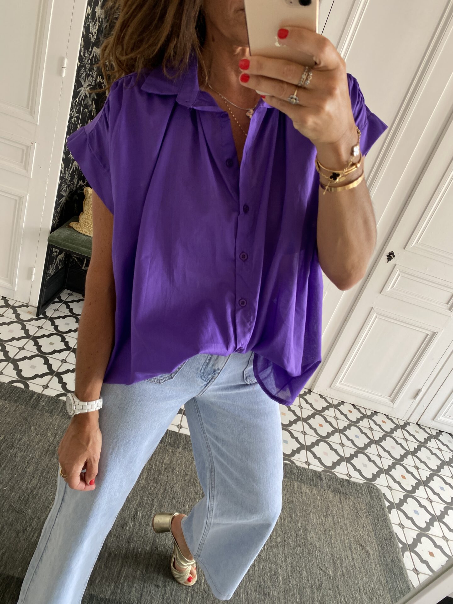 chemise oversize coton broderie manche violet