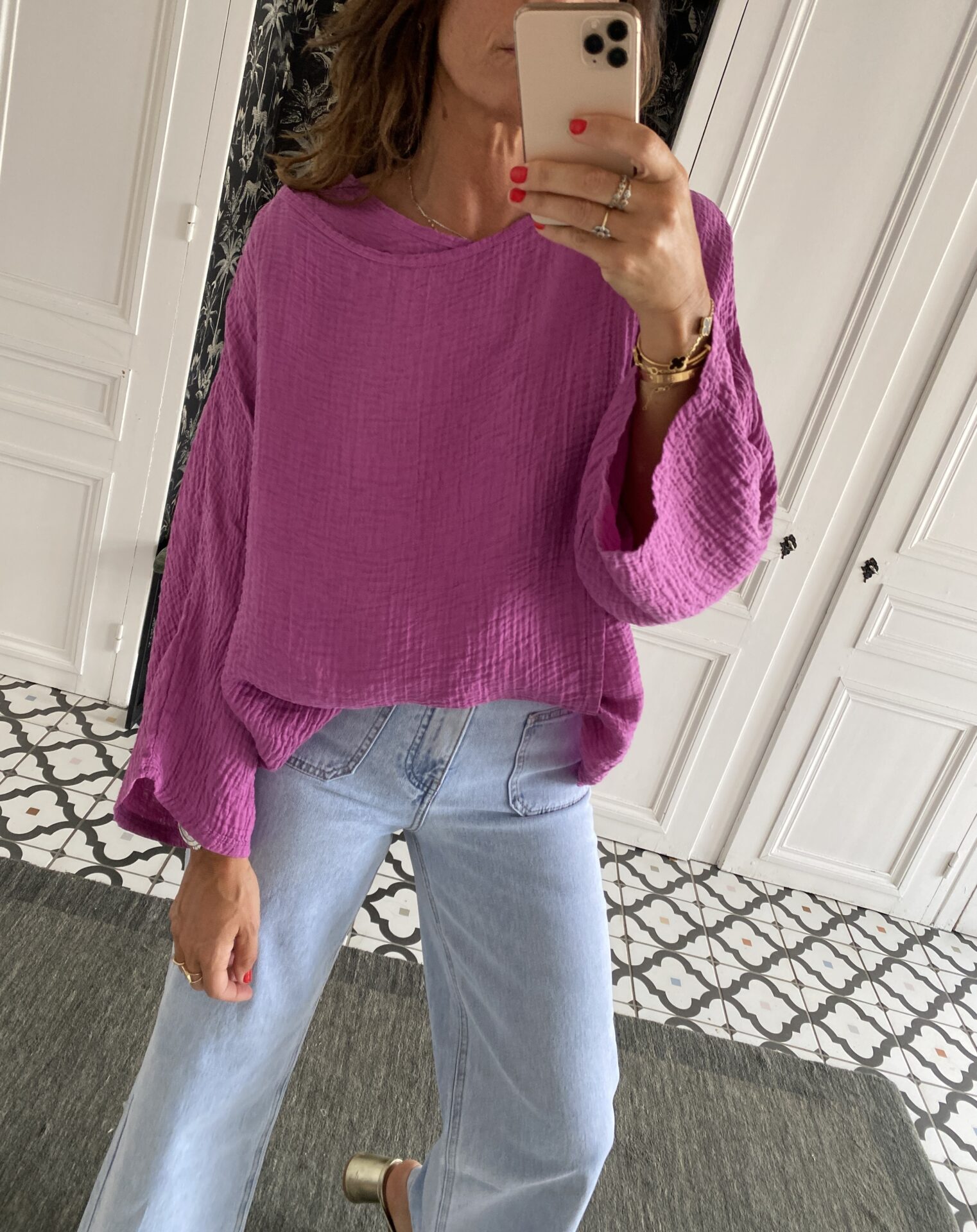 chemise oversize coton broderie manche violet